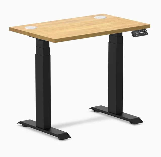 Main image of Desky Dual Mini Rubberwood Sit Stand Desk - Light Oak / 32 x 20 inches with Grommets / Matte Black