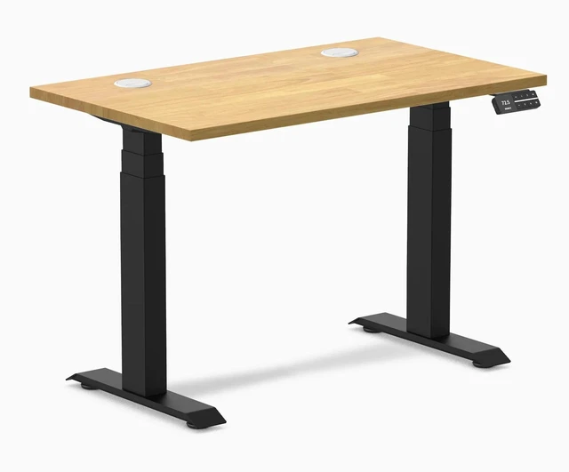 Main image of Desky Dual Mini Rubberwood Sit Stand Desk - Light Oak / 40 x 24 inches with Grommets / Matte Black