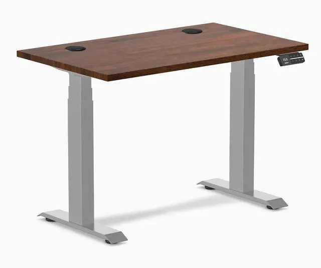 Main image of Desky Dual Mini Rubberwood Sit Stand Desk - Red Walnut / 40 x 24 inches with Grommets / Grey