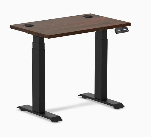 Main image of Desky Dual Mini Rubberwood Sit Stand Desk - Dark Walnut / 32 x 20 inches with Grommets / Matte Black