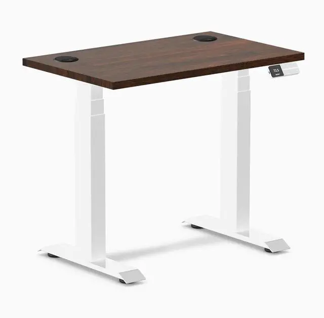 Main image of Desky Dual Mini Rubberwood Sit Stand Desk - Dark Walnut / 32 x 20 inches with Grommets / White