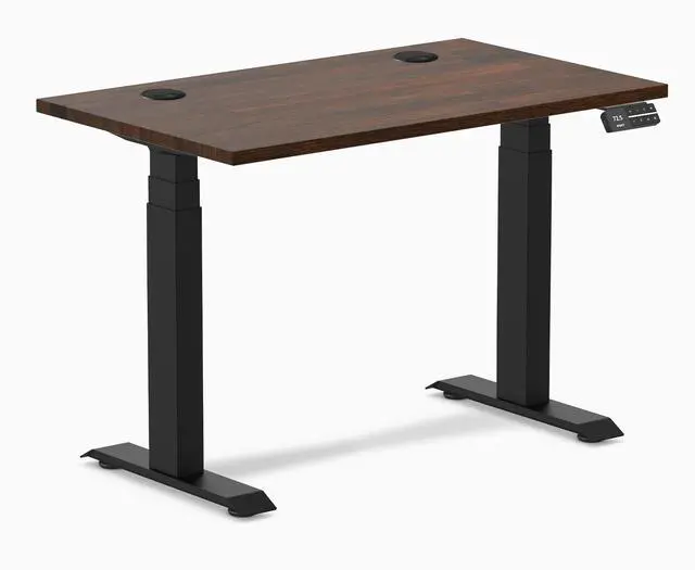 Main image of Desky Dual Mini Rubberwood Sit Stand Desk - Dark Walnut / 40 x 24 inches with Grommets / Matte Black