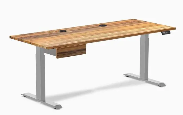 Main image of Desky Dual Hardwood Standing Desk With Drawer - Teak / 72 x 30 inches with Grommets / Grey