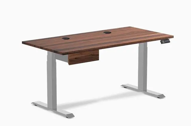 Main image of Desky Dual Hardwood Standing Desk With Drawer - Walnut / 60 x 30 inches with Grommets / Grey