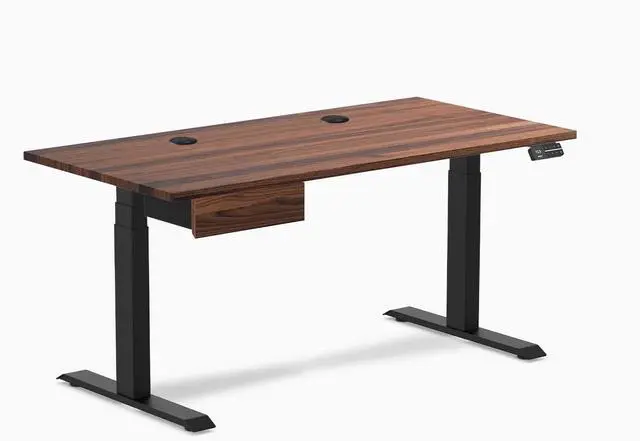 Main image of Desky Dual Hardwood Standing Desk With Drawer - Walnut / 60 x 30 inches with Grommets / Matte Black