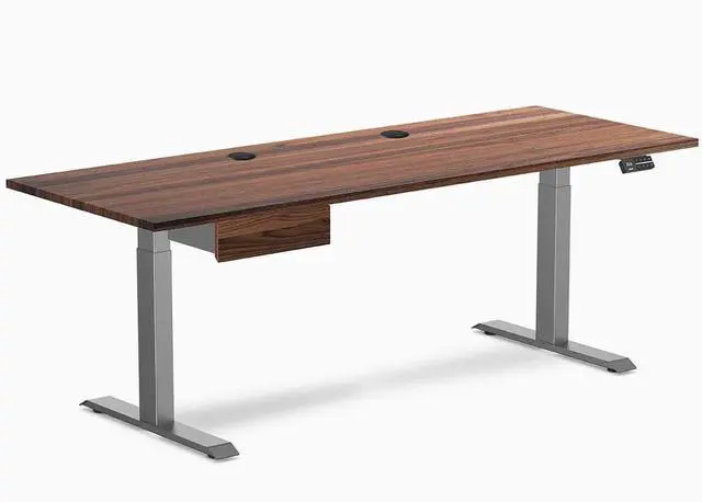 Main image of Desky Dual Hardwood Standing Desk With Drawer - Walnut / 80 x 30 inches with Grommets / Space Grey