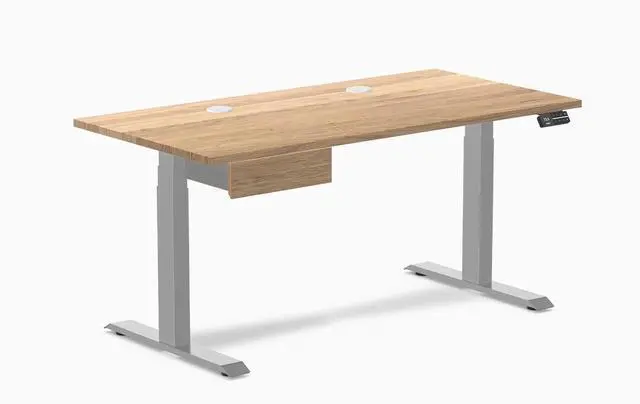 Main image of Desky Dual Hardwood Standing Desk With Drawer - White Oak / 60 x 30 inches with Grommets / Grey
