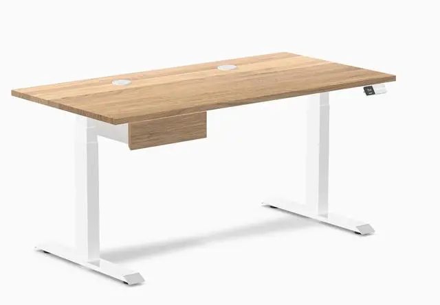 Main image of Desky Dual Hardwood Standing Desk With Drawer - White Oak / 60 x 30 inches with Grommets / White