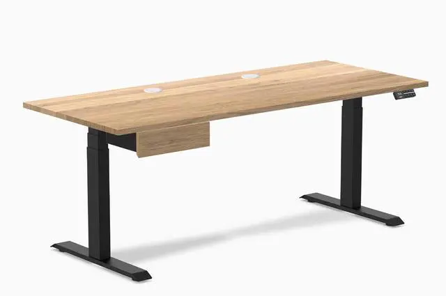 Main image of Desky Dual Hardwood Standing Desk With Drawer - White Oak / 72 x 30 inches with Grommets / Matte Black