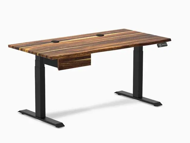 Main image of Desky Dual Hardwood Standing Desk With Drawer - Pheasantwood / 60 x 30 inches with Grommets / Matte Black