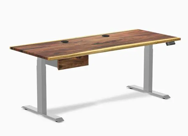 Main image of Desky Dual Hardwood Standing Desk With Drawer - Pheasantwood / 72 x 30 inches with Grommets / Grey