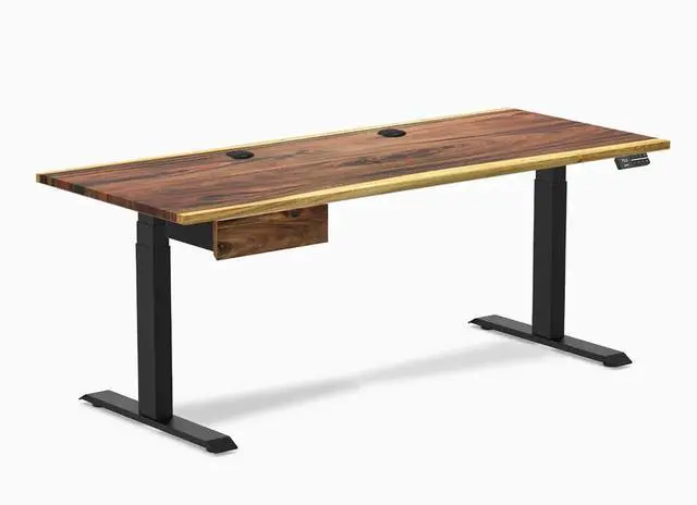 Main image of Desky Dual Hardwood Standing Desk With Drawer - Pheasantwood / 72 x 30 inches with Grommets / Matte Black