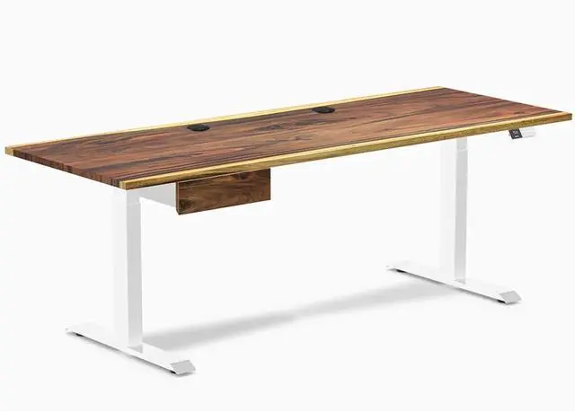 Main image of Desky Dual Hardwood Standing Desk With Drawer - Pheasantwood / 80 x 30 inches with Grommets / White