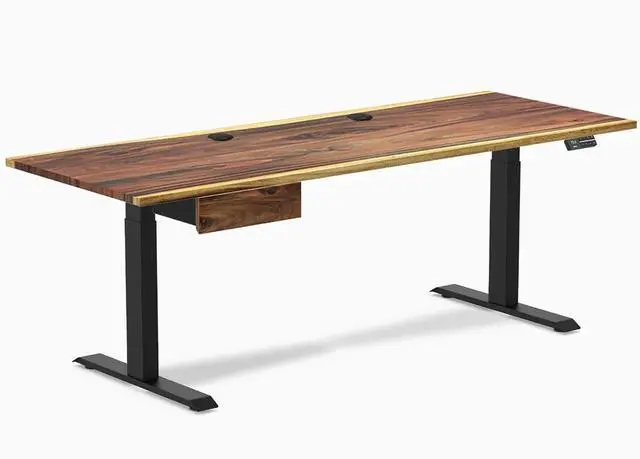 Main image of Desky Dual Hardwood Standing Desk With Drawer - Pheasantwood / 80 x 30 inches with Grommets / Matte Black