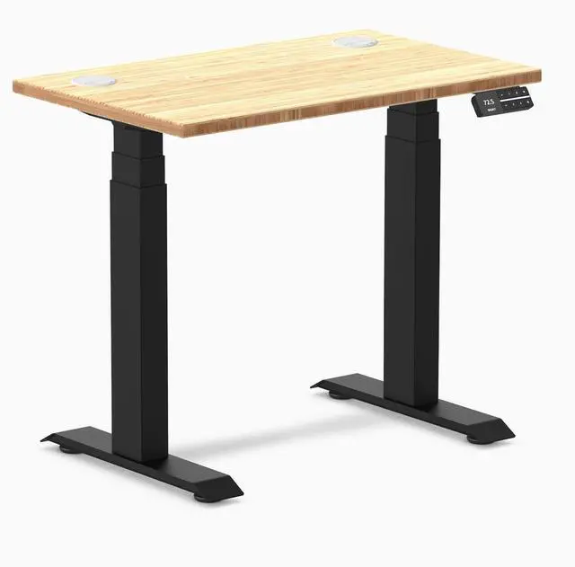 Main image of Desky Dual Mini Bamboo Sit Stand Desk - Bamboo / 32 x 20 inches with Grommets / Matte Black