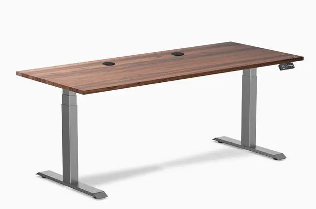 Main image of Desky Dual Hardwood Sit Stand Desk - Walnut / 72 x 30 inches with Grommets / Space Grey