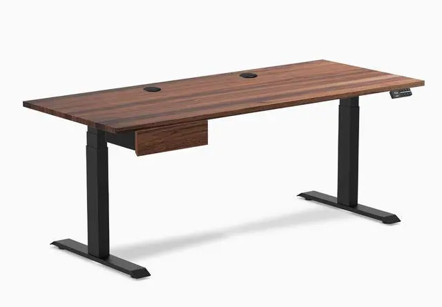 Main image of Desky Dual Hardwood Standing Desk With Drawer - Walnut / 72 x 30 inches with Grommets / Matte Black
