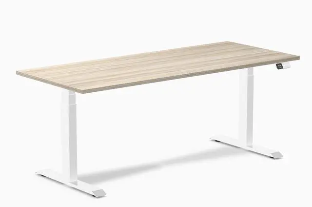 Main image of Desky Dual Laminate Sit Stand Desk - Sublime Teak / 59.1 x 29.5 inches with Grommets / Wheat