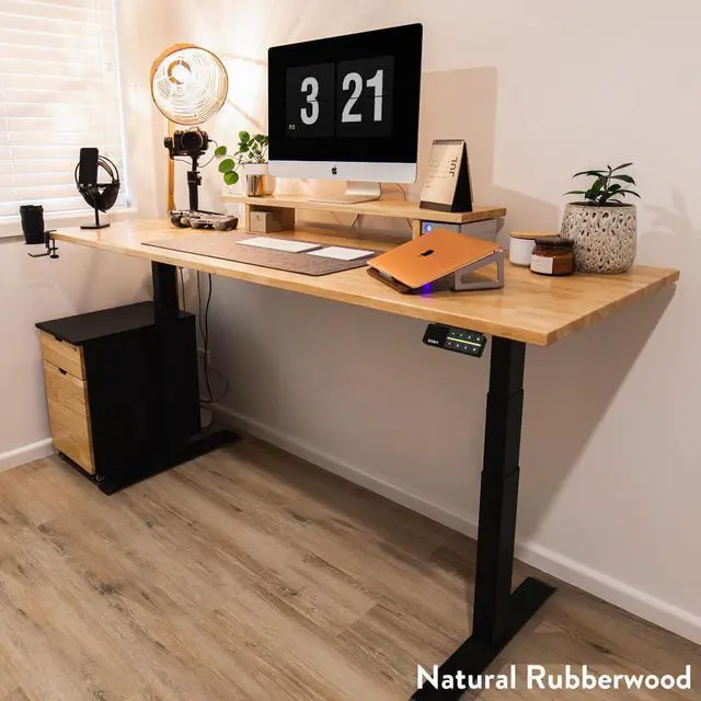 Alt view image 6 of 14 - Desky Dual Rubberwood Sit Stand Desk - Dark Walnut / 48 x 30 inches with Grommets / White