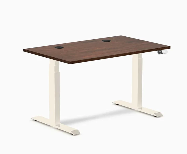 Main image of Desky Dual Rubberwood Sit Stand Desk - Red Walnut / 48 x 30 inches with Grommets / Wheat