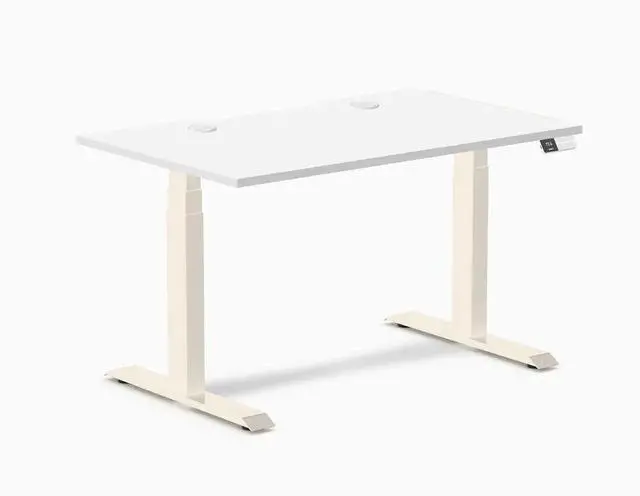 Main image of Desky Dual Scalloped Laminate Sit Stand Desk - White / 47.2 x 29.5 inches with Grommets / Wheat