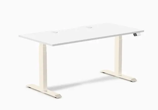 Main image of Desky Dual Scalloped Laminate Sit Stand Desk - White / 59.1 x 29.5 inches with Grommets / Wheat