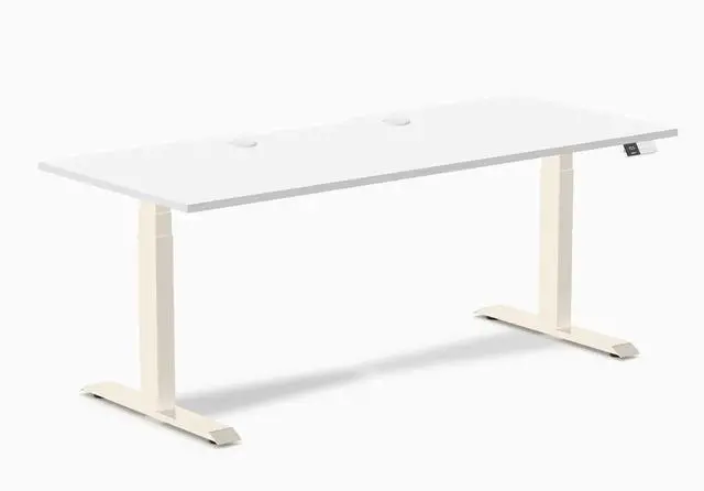 Main image of Desky Dual Scalloped Laminate Sit Stand Desk - White / 70.9 x 29.5 inches with Grommets / Wheat