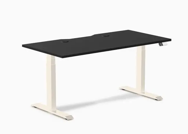 Main image of Desky Dual Scalloped Laminate Sit Stand Desk - Black / 59.1 x 29.5 inches with Grommets / Wheat