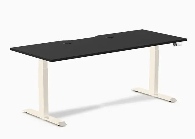 Main image of Desky Dual Scalloped Laminate Sit Stand Desk - Black / 70.9 x 29.5 inches with Grommets / Wheat