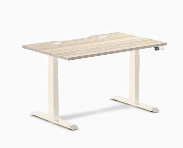 Main image of Desky Dual Scalloped Laminate Sit Stand Desk - Classic Oak / 47.2 x 29.5 inches with Grommets / Wheat