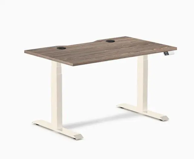 Main image of Desky Dual Scalloped Laminate Sit Stand Desk - Natural Walnut / 47.2 x 29.5 inches with Grommets / Wheat