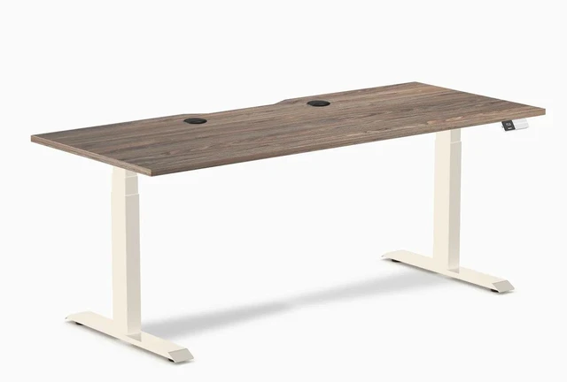 Main image of Desky Dual Scalloped Laminate Sit Stand Desk - Natural Walnut / 70.9 x 29.5 inches with Grommets / Wheat
