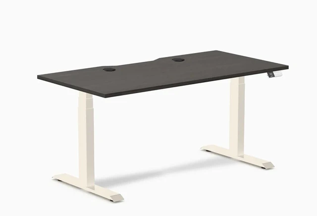 Main image of Desky Dual Scalloped Laminate Sit Stand Desk - Burnished Wood / 59.1 x 29.5 inches with Grommets / Wheat