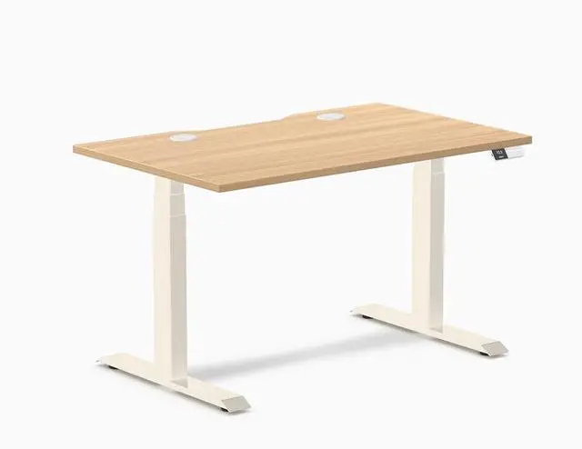 Main image of Desky Dual Scalloped Laminate Sit Stand Desk - Sublime Teak / 47.2 x 29.5 inches with Grommets / Wheat