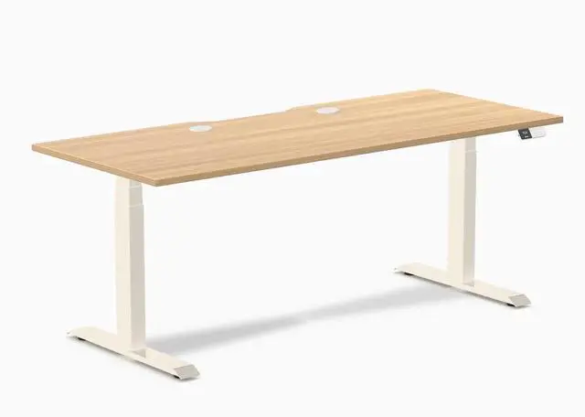 Main image of Desky Dual Scalloped Laminate Sit Stand Desk - Sublime Teak / 70.9 x 29.5 inches with Grommets / Wheat