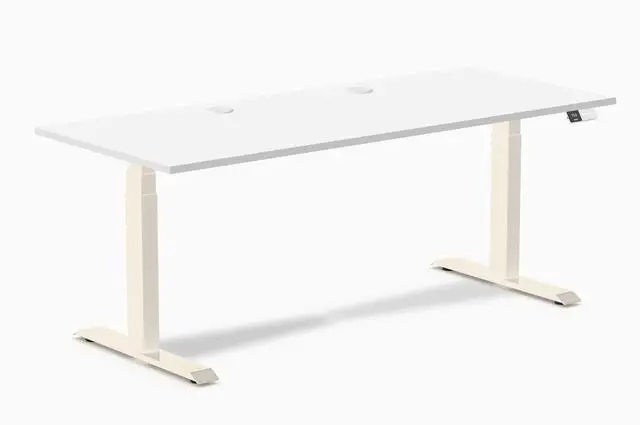 Main image of Desky Dual Laminate Sit Stand Desk - White / 70.9 x 29.5 inches with Grommets / Wheat
