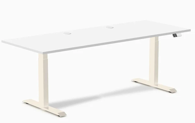 Main image of Desky Dual Laminate Sit Stand Desk - White / 78.7 x 29.5 inches with Grommets / Wheat