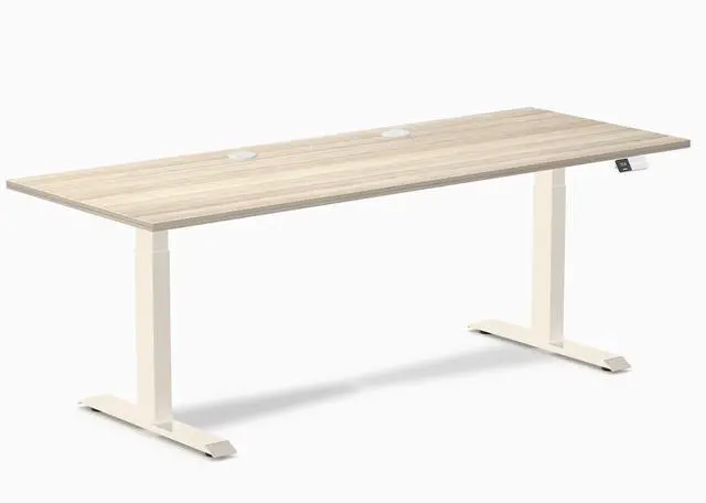 Main image of Desky Dual Laminate Sit Stand Desk - Classic Oak / 78.7 x 29.5 inches with Grommets / Wheat