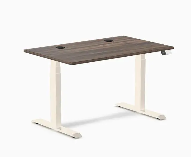 Main image of Desky Dual Laminate Sit Stand Desk - Jarrah Legno / 47.2 x 29.5 inches with Grommets / Wheat