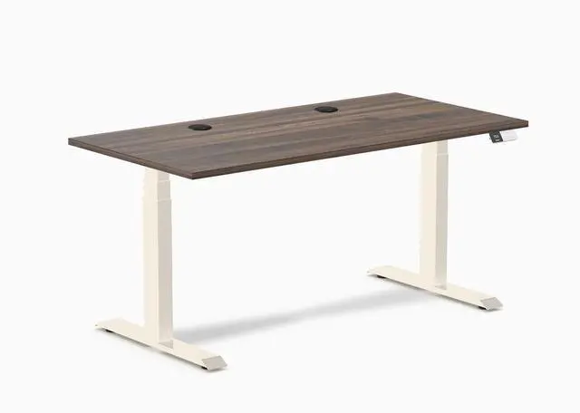 Main image of Desky Dual Laminate Sit Stand Desk - Jarrah Legno / 59.1 x 29.5 inches with Grommets / Wheat
