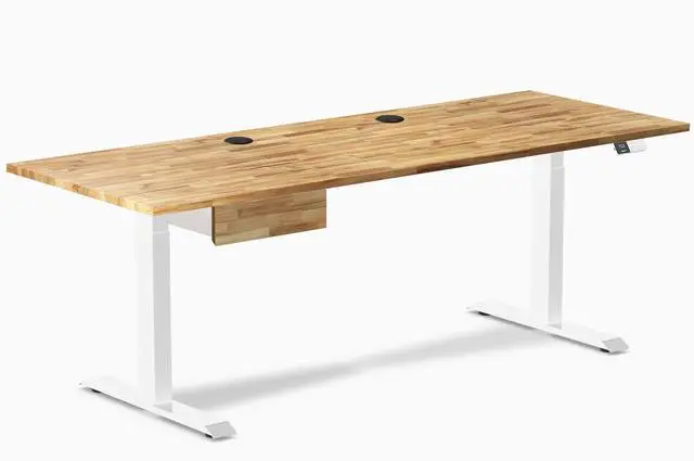 Main image of Desky Dual Hardwood Standing Desk With Drawer - Acacia / 80 x 30 inches with Grommets / White