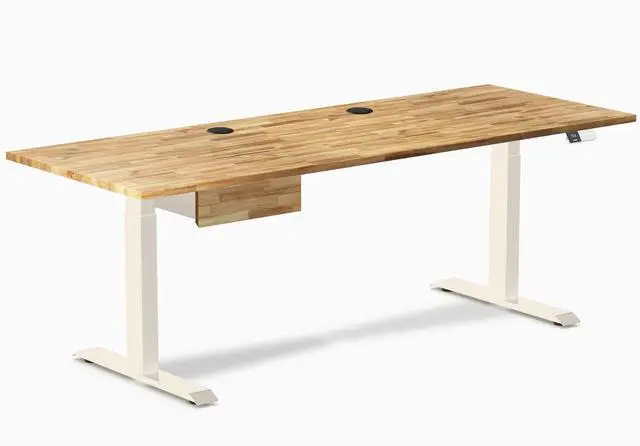 Main image of Desky Dual Hardwood Standing Desk With Drawer - Acacia / 80 x 30 inches with Grommets / Wheat