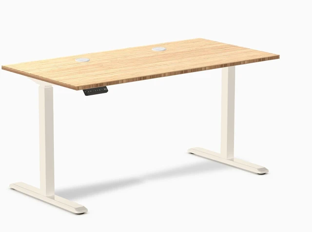 Alt view image 7 of 8 - Desky Single Sit Stand Desk - Bamboo / 59 x 29.5 in with Grommets / Wheat