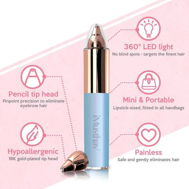 Alt view image 2 of 6 - iMusthav Mini Portable Painless Eyebrow Remover Trimmer for Women, Eyebrow Razor Epilator Pen,18K Gold-Plated Hypoallergenic Precision Pencil-tip.360° LED Light for Instant and Painless Hair Remover