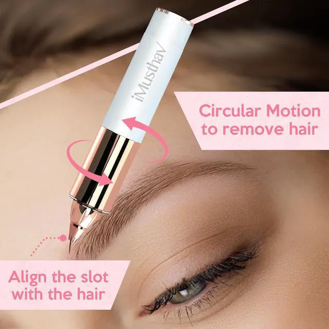 Alt view image 5 of 6 - iMusthav Mini Portable Painless Eyebrow Remover Trimmer for Women,Eyebrow Razor Epilator,18K Gold-Plated Hypoallergenic Precision Pencil-tip.360° LED Light for Instant and Painless Hair Remover