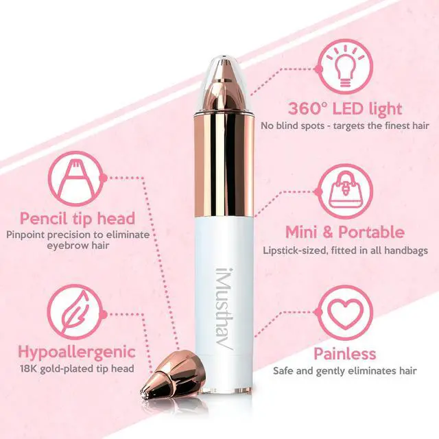 Alt view image 2 of 6 - iMusthav Mini Portable Painless Eyebrow Remover Trimmer for Women,Eyebrow Razor Epilator,18K Gold-Plated Hypoallergenic Precision Pencil-tip.360° LED Light for Instant and Painless Hair Remover