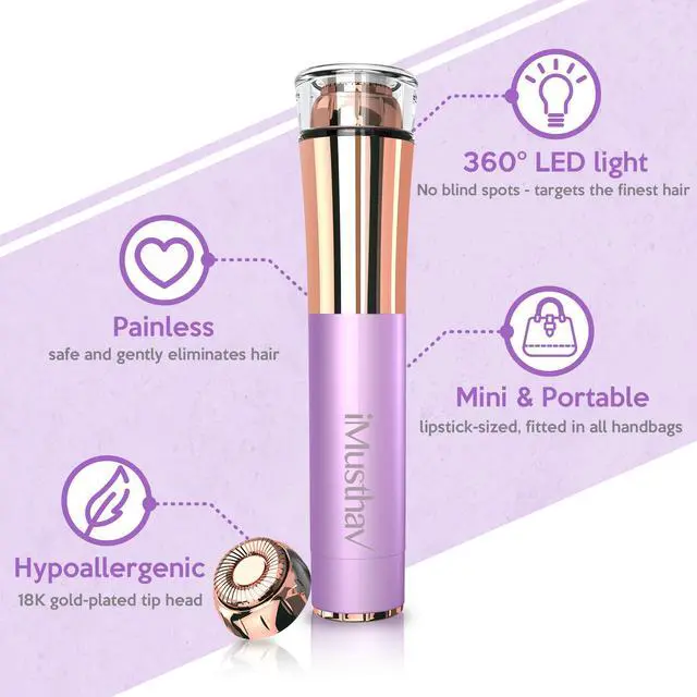 Alt view image 2 of 7 - iMusthav Mini Portable Facial Hair, Lips and Chin Remover Trimmer for Women, Facial Painless Epilator Pen, 18K Gold-Plated 13mm Hypoallergenic Rotary Head. 360° LED Light for Instant and Painless Hair