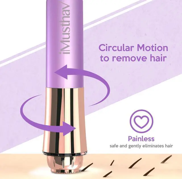 Alt view image 5 of 7 - iMusthav Mini Portable Facial Hair, Lips and Chin Remover Trimmer for Women, Facial Painless Epilator Pen, 18K Gold-Plated 13mm Hypoallergenic Rotary Head. 360° LED Light for Instant and Painless Hair