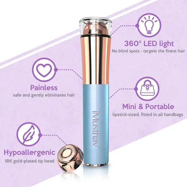 Alt view image 2 of 7 - iMusthav Mini Portable Facial Hair, Lips and Chin Remover Trimmer for Women, Facial Painless Epilator Pen, 18K Gold-Plated 13mm Hypoallergenic Rotary Head. 360° LED Light for Instant and Painless Hair
