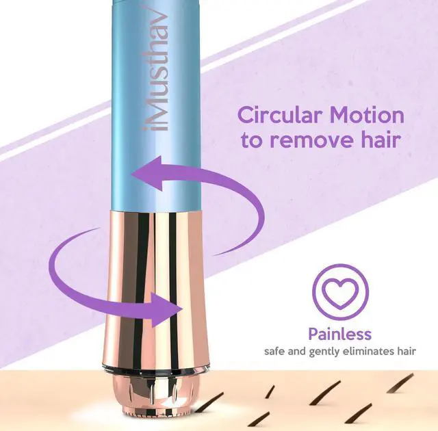 Alt view image 5 of 7 - iMusthav Mini Portable Facial Hair, Lips and Chin Remover Trimmer for Women, Facial Painless Epilator Pen, 18K Gold-Plated 13mm Hypoallergenic Rotary Head. 360° LED Light for Instant and Painless Hair